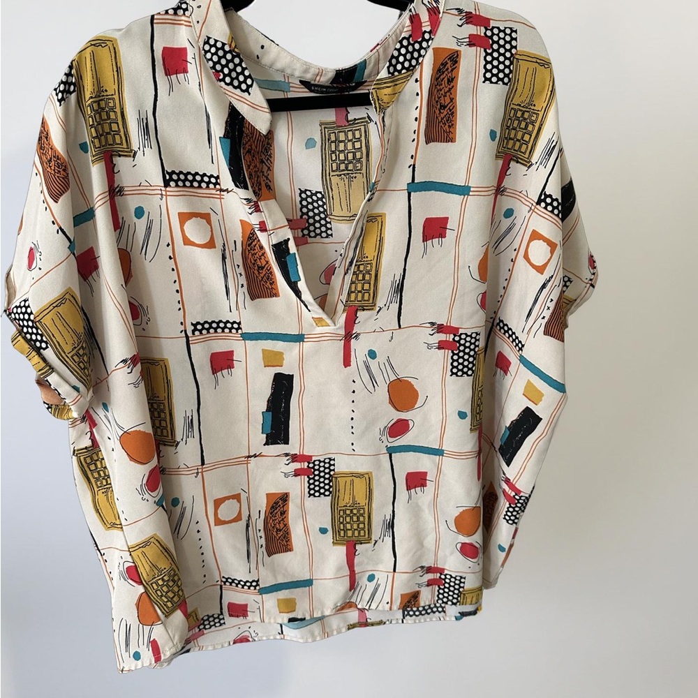 SHEIN Cream and Orange Boxy Blouse with Mandarin Collar
